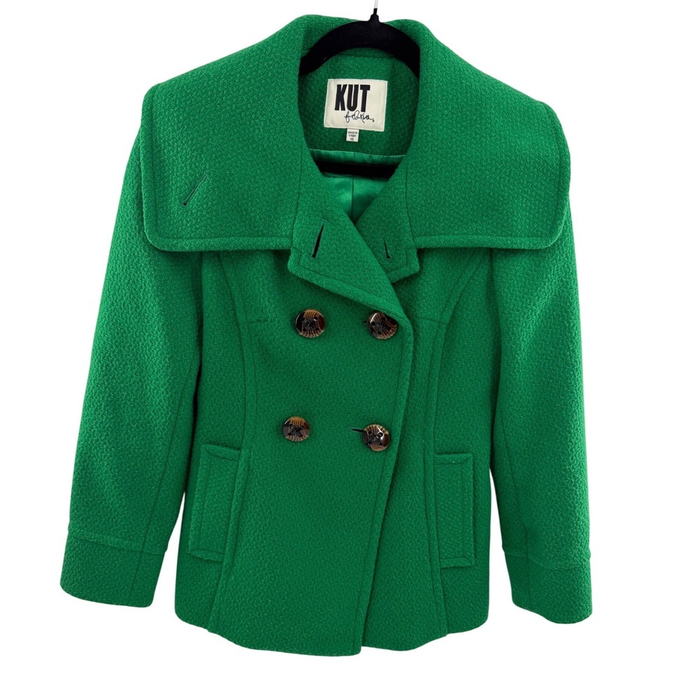 KUT from the Kloth Green Wool Blend Pea Coat Double Breasted Shawl Collar XS